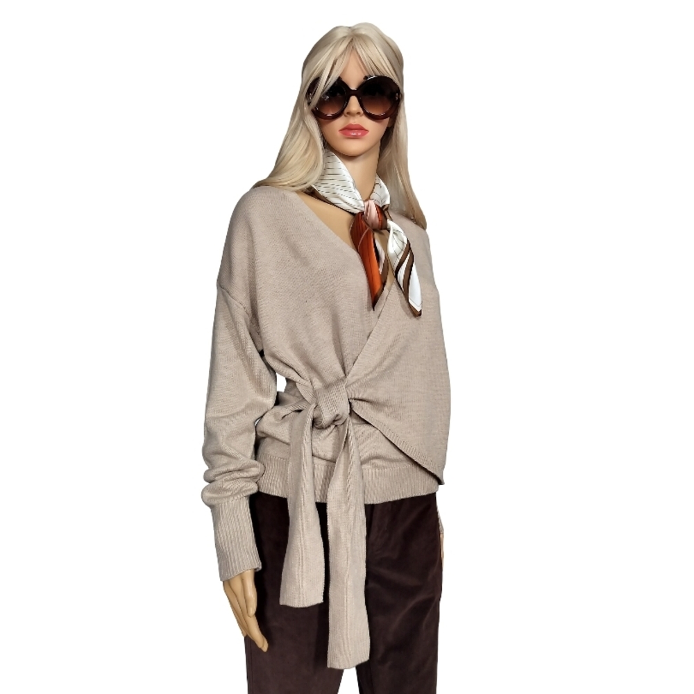 INC International Concepts Long Sleeve Beige V-Neck Wrap Sweater Size S NWT